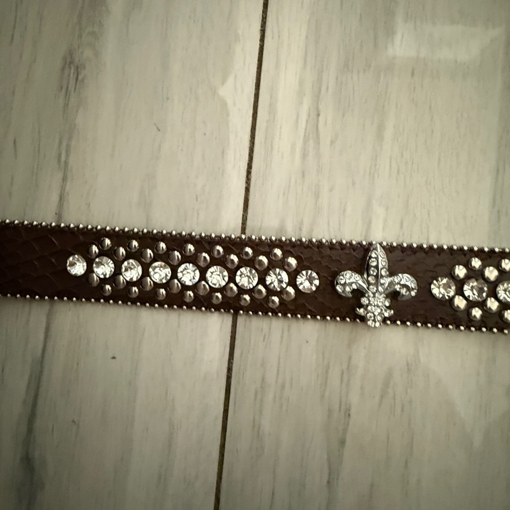 Leather Copper Bronze Fleur De Lis Western RHINESTONE Belt M SM - Picture 8 of 11
